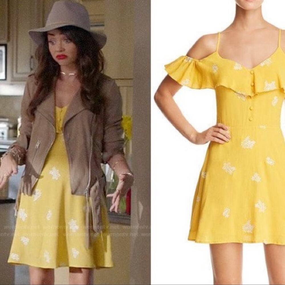 SADIE & SAGE Women's Yellow Embroidered Cold Shoulder Floral Dress